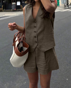 Conjunto casual de 2 piezas para mujer, con chaleco y shorts de unicolor para ir y venir - Yoa Sales Havana