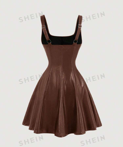 SHEIN MOD Vestido deslizante de mujer con hebilla metálica frontal de PU negro, vestido mini para volver al colegio, atuendos de mujer para otoño, ves - comprar en línea