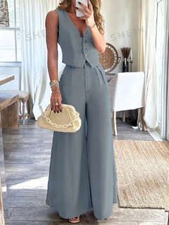 Traje informal de chaleco corto unicolor y pantalón plisado de pierna ancha para la primavera, verano, trabajo y vestido diario - comprar en línea