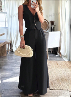 Traje informal de chaleco corto unicolor y pantalón plisado de pierna ancha para la primavera, verano, trabajo y vestido diario en internet