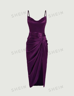 SHEIN BAE Vestido de tirantes unicolor escote drapeado fruncido de muslo con abertura de satén - comprar en línea