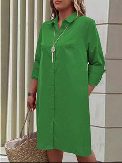 Vestido casual de primavera/verano suelto con cuello de camisa, botones y bolsillos para mujer - tienda en línea