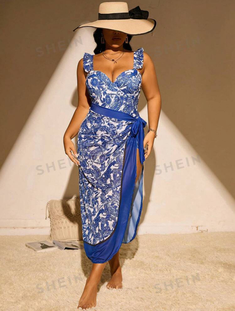 SHEIN Swim Curve Traje De Baño De Una Sola Pieza De Talla Grande Con Estampado Ajustado Y Falda Cubierta