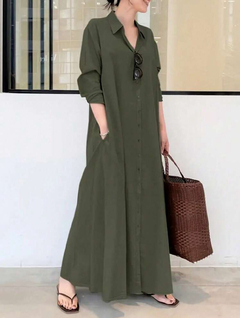 Vestido casual de primavera/verano suelto con cuello de camisa, botones y bolsillos para mujer - comprar en línea