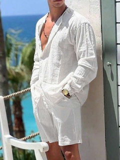 Conjunto de camisa de manga larga y shorts casuales de vacaciones para hombre