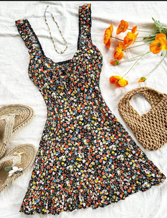 Vestido negro casual de verano de vacaciones de mujer con diseño de flores en colores múltiples Ditsy