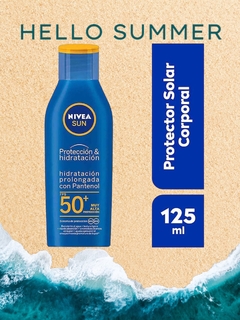 NIVEA SUN Protector Solar Corporal Hidratante Protect & Moisture (125 ml), Bloqueador Solar Resistente al agua con FPS50+ y Pantenol, Loción Solar No