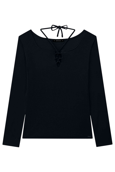 Blusa Manga Longa Canelada Juvenil Preta Lilimoon