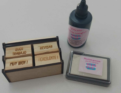 Set 4 sellos + tinta y almohadilla