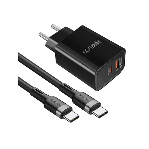 Carregador de Parede Hrebos Power Turbo, 1entrada USB-C e 1 entrada USB-A, 20W, com Cabo - CRG-154CC