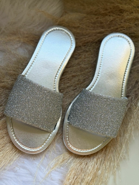 Slide Feminino Adulto - Rasteirinha Brilho Rosê Prata - comprar online