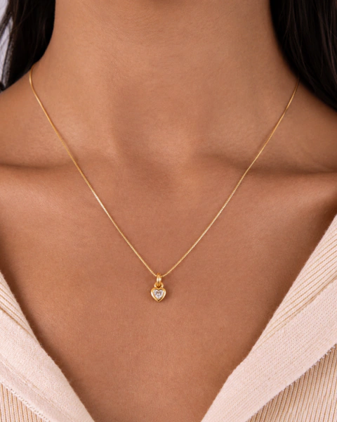 Colar Corrente Veneziana + Pingente Mini Coração c/ Zircônia Cristal Banho Ouro 18k
