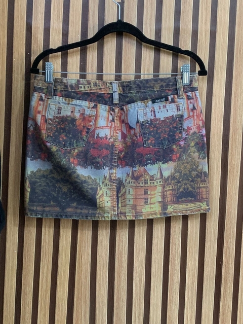 Saia jeans estampada. LIMELIGHT. Tamanho P.