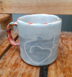 taza gatito corazón, cerámica artesanal pintada a mano