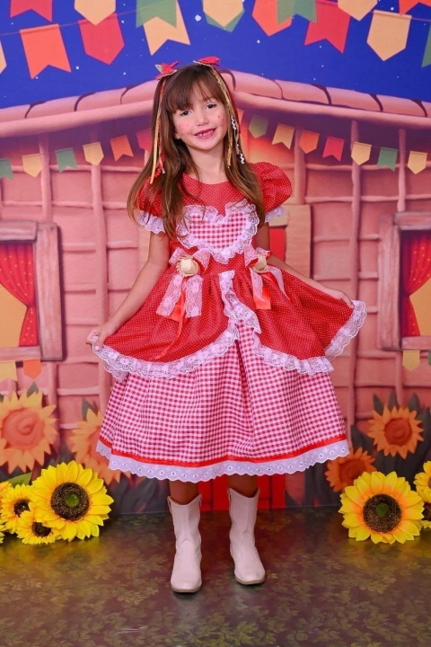 Vestido Junino infantil Vestido caipira festa junina xadrez vermelho luxo vestido São João infantil - comprar online