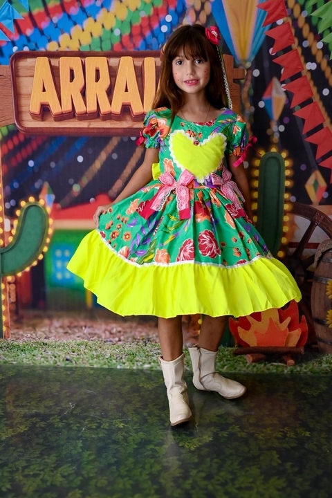 Vestido Junino infantil Vestido caipira estampado verde festa junina vestido São João infantil - comprar online