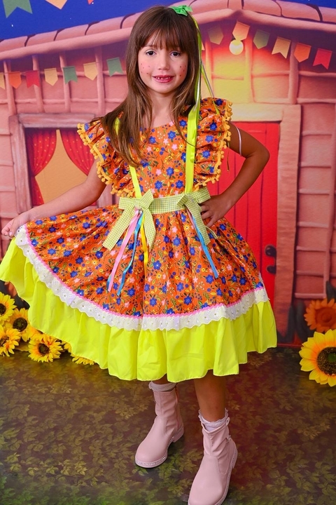 Vestido Junino infantil Vestido caipira laranja com verde festa junina vestido São João infantil - comprar online