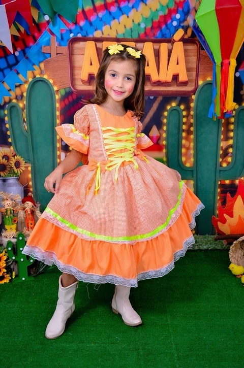 Vestido Junino infantil Vestido caipira xadrez laranja festa junina vestido São João infantil