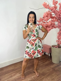 Vestido moda Praia Carol Estampa Folhas verde - Feh Fitness