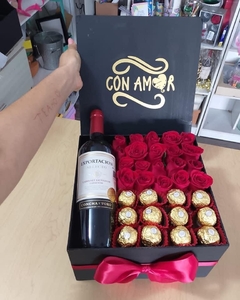 Box con Rosas Vino y Chocolates
