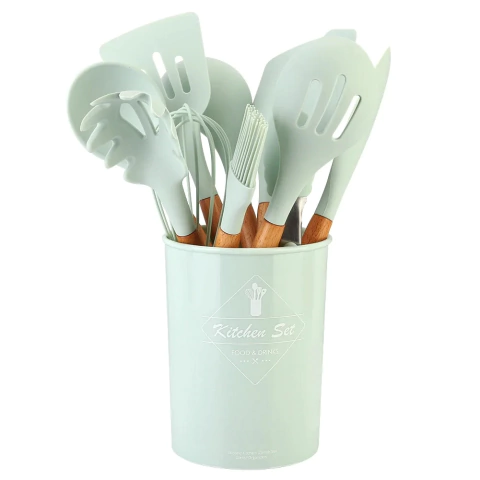 Kit com 12 peças utensílios, silicone e cabo de madeira PEQUENO (p)