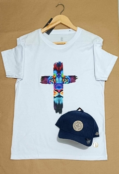 Camiseta Masculina Branca Cruz Leão Azul