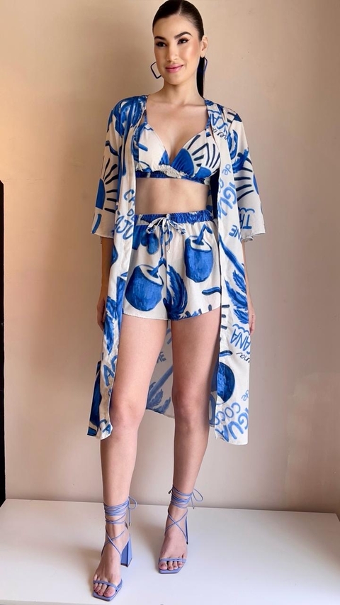 Conjunto Top e Short Verão Tropical | Estampa Exclusiva Azul Cobalt