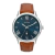 Relógio masculino estilo social com caixa prateada, mostrador azul e pulseira de couro marrom claro. Relógio de pulso tamanho 46 mm