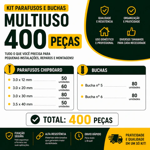 KIT 400 PECAS PARAFUSOS E BUCHAS MULTIUSO SPML