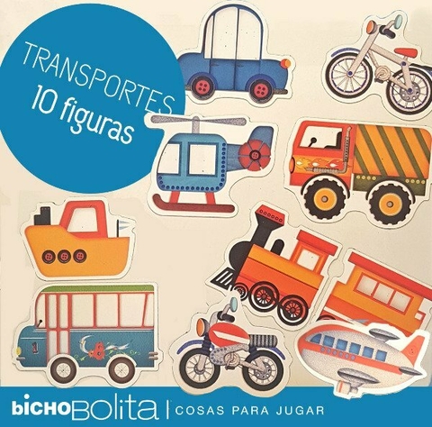 HABLEMOS DE TRANSPORTES . SET DE 10 FIGURAS IMANTADAS EN CAJA CRISTAL