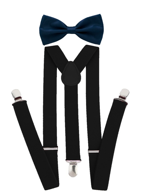 Kit Suspensório Preto + Gravata Borboleta Azul Marinho