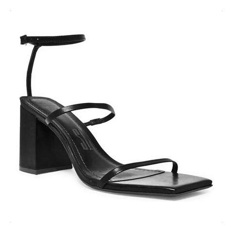 Sandália Preta Couro Tiras Salto Alto Bloco Santa Lolla