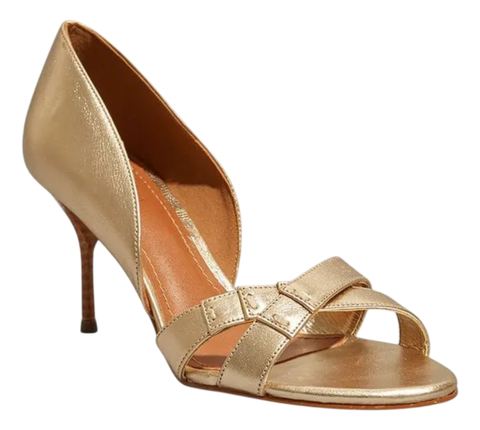 Peep Toe Couro Metalizado Dourado Salto Médio Agulha