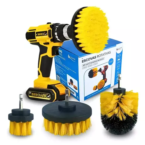 Kit com 3 escovas de limpeza para parafusadeira e furadeira, ideal para limpeza pesada e detalhada.