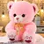 Urso de pelúcia grande rosa com laço decorativo estampado, sentado sobre superfície de madeira com fundo iluminado por luzes decorativas