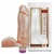Prótese realística com vibrador e escroto em cor pele clara, medindo 20,5 cm por 4,7 cm, exibida ao lado da embalagem transparente com detalhes dourados
