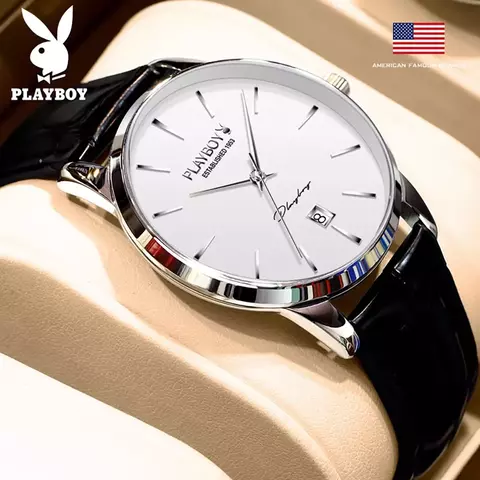 Relógio masculino mecânico automático de luxo Playboy, com mostrador branco e pulseira de couro preta