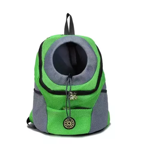 Mochila de viagem portátil para transporte de cães, com design em malha verde e cinza, apresentando uma abertura circular na parte superior.
