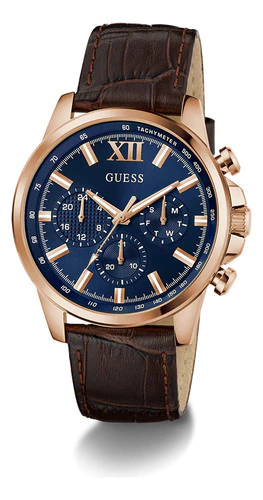 Relógio Guess Masculino Multifunção Couro Marrom Fundo Azul Marrom
