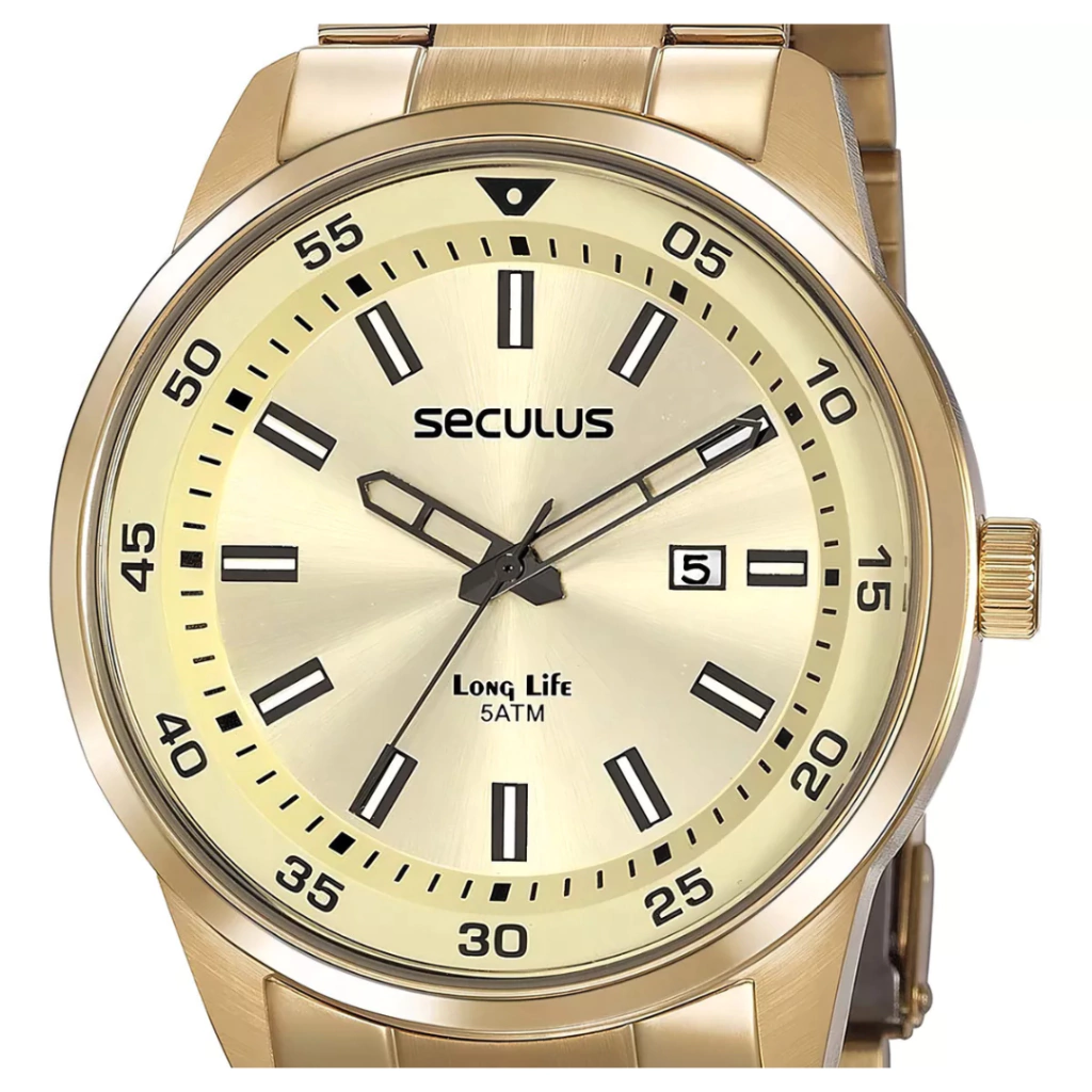 Relógio Seculus Masculino Dourado Long Life Com Calendário