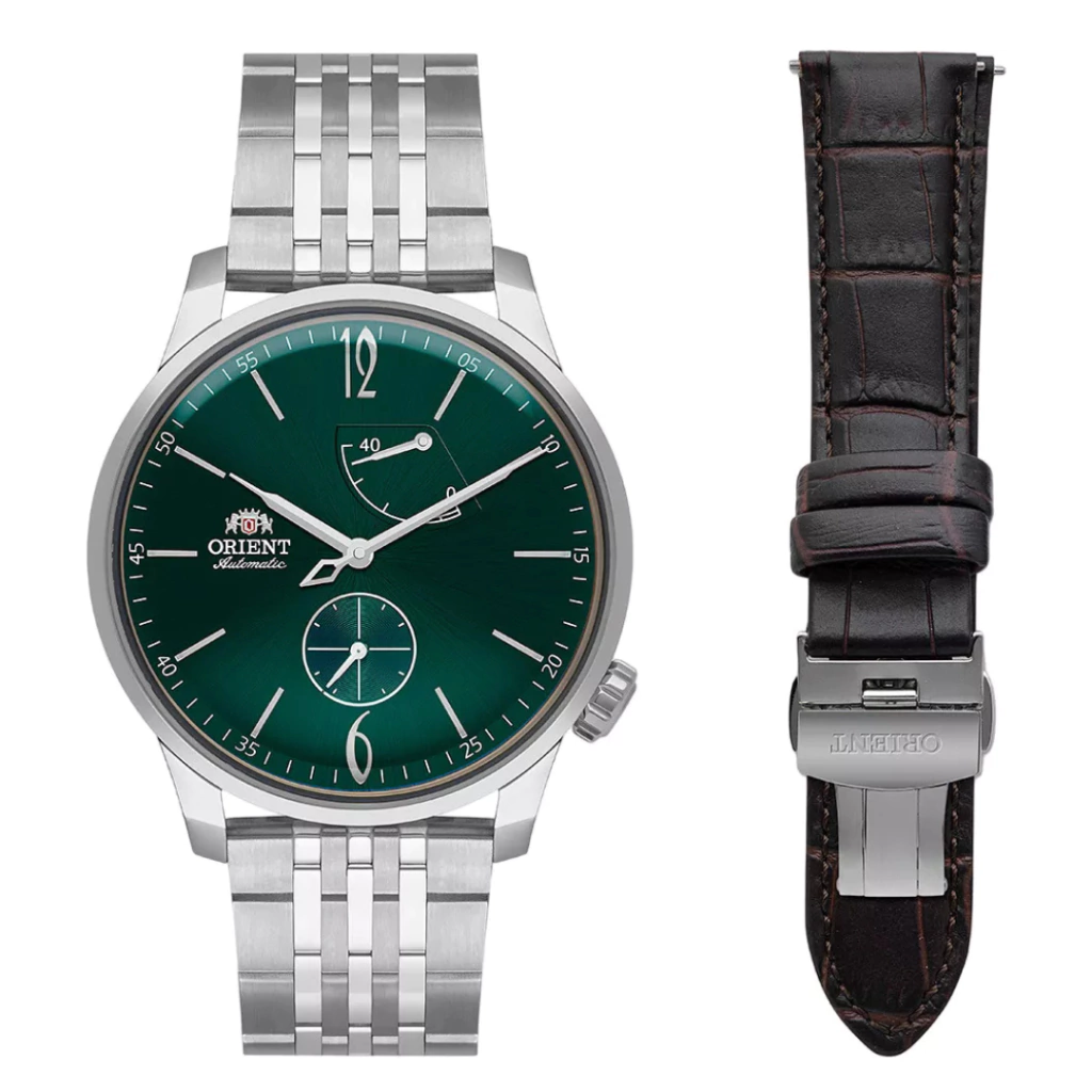 Relógio Orient Superior Automático Yn8ss005 E2sx Correia Prateado Bisel Prateado Fundo Verde
