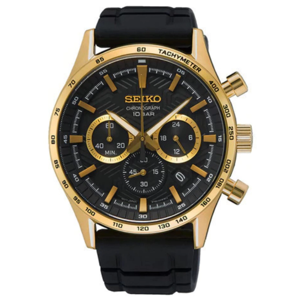 Relógio Seiko Cronógrafo Masculino Ssb446b1 P1px Correia Preto Bisel Dourado Fundo Preto
