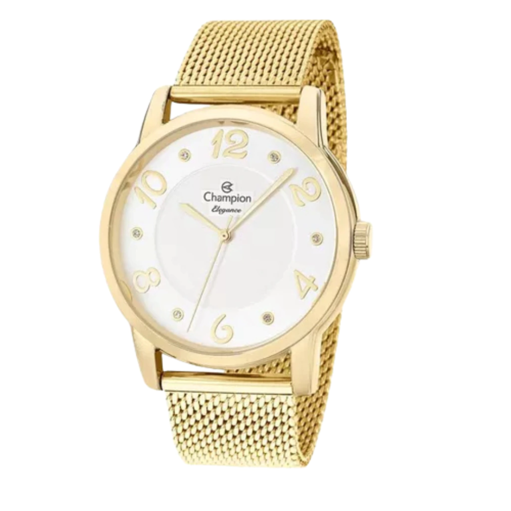 Relógio Champion Kit Feminino Branco Dourado Strass Cn26117b