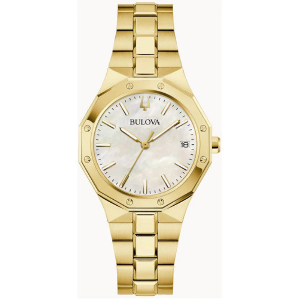 Relógio Bulova Feminino Prestige Classic Dourado Luxo 97m119 Fundo Branco Madrepérola