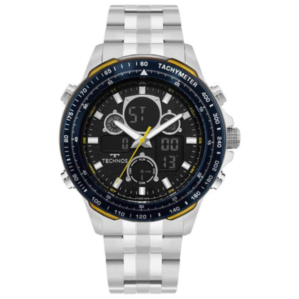 Relógio Technos Masculino Digitech Prata Bj4130 Digital 49mm Prateado Azul-escuro Preto