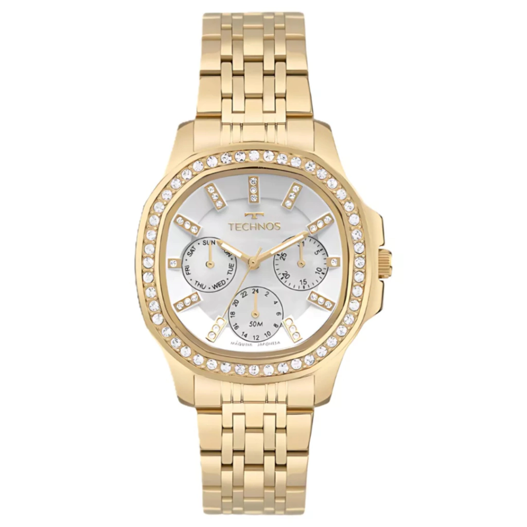 Relógio Feminino Technos Dourado Quadrado Pedras Madreperola