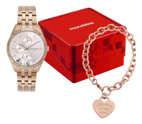 Relógio Mondaine Feminino Rosé E Pulseira Cristais Soltos Rosa Dourado Rosa