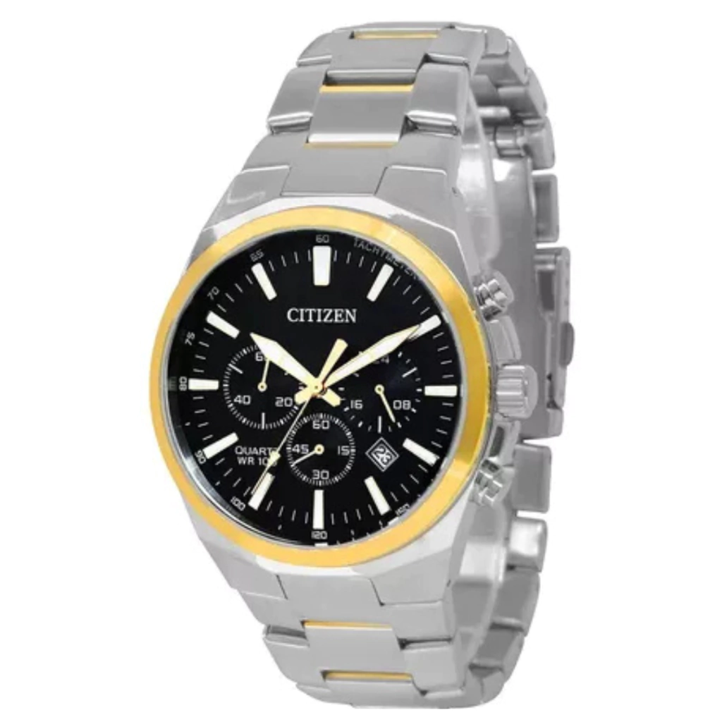 Relógio Masculino Citizen Aço Fundo Preto - Detalhe Dourado