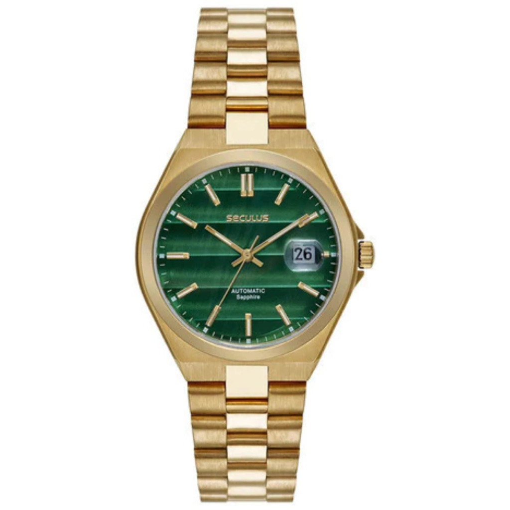 Relógio Seculus Masculino Automático Dourado 40mm Fund Verde Dourado Dourado Verde