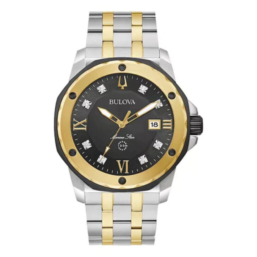Relógio Bulova Masculino Marine Star 98d175 *diamantes Cor Da Correia Prateado E Dourado Cor Do Bisel Dourado Cor Do Fundo Preto